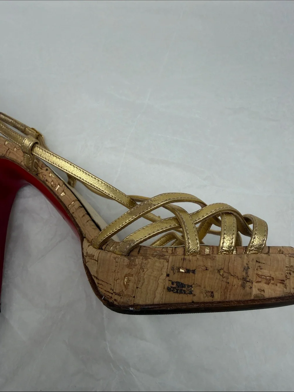 Christian Louboutin Metallic Gold Strappy Cork Platform Heels